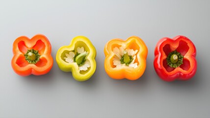 Top view of colorful sliced bell peppers arranged on a gray background. Fresh and vibrant food concept.