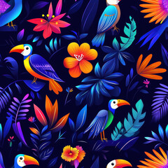 Fototapeta premium Tropical birds and flowers in vibrant seamless pattern, Summer Textile Seamless Pattern Background
