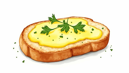 Watercolor Illustration of Garlic Bread with Butter & Parsley for Food Decor