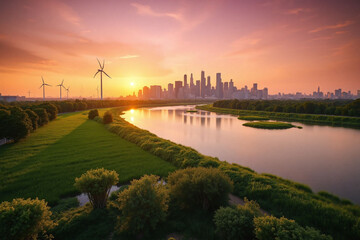 Fototapeta premium river running through a lush green field next to a city