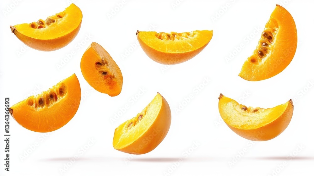 Poster slices of bright yellow melon floating in an isolated background
