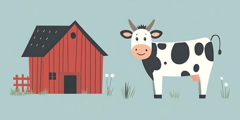 Naklejka premium A cartoon illustration featuring a cow near a red barn building