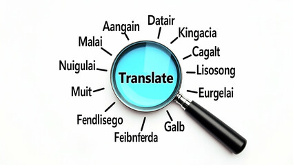 Flat Concept illustrating translation and multilingual communication with magnifying glass highlighting Translate and surrounded by multiple language names representing multilingual translation and gl