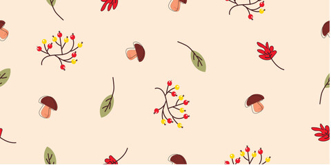 Seamless autumn pattern with leaves, mushrooms and berries