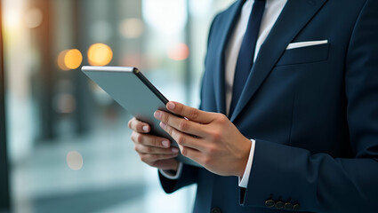 Flat Checklist for Business Performance Monitoring: Businessman Using Tablet for Online Surveys & Marketing Planning