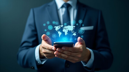 Businessman Using Smartphone for Online Interbank Payments: Virtual Global Currency Symbols for International Money Transfers and Currency Exchanges - Stock Photo Concept
