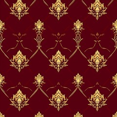 Seamless Pattern with Ornate Gold Lotus Design on Deep Red Background
