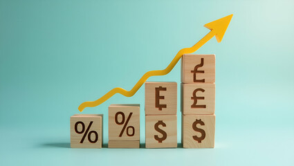 Visualizing Financial Growth: Interest Rates and Economic Growth Illustrated with Wooden Blocks, Percentage Symbols, and Upward Arrows in Stock Photo Concept with Empty Space for Customization