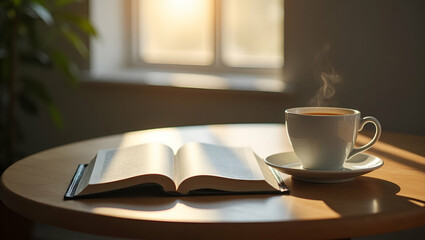 Obraz premium Morning Devotion: Serene Flat Illustration of Open Bible and Coffee on Wooden Table