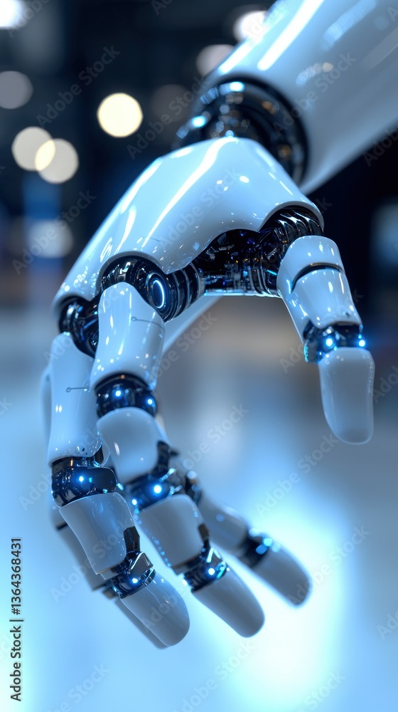 Poster robotic arm extends, showing complex mechanics against a blurred backdrop