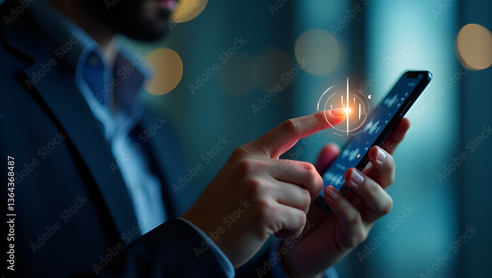 Poster flat vector illustration of man touching microphone icon on smartphone for voice recording, audio me