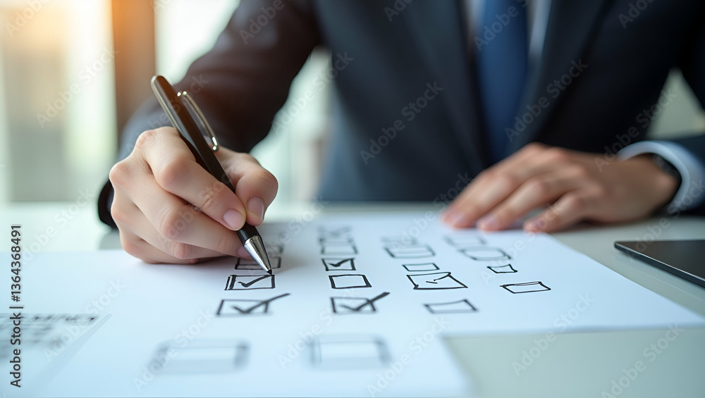 Poster checklist concept businessman mark checkboxes survey form check marks filling online form answering 