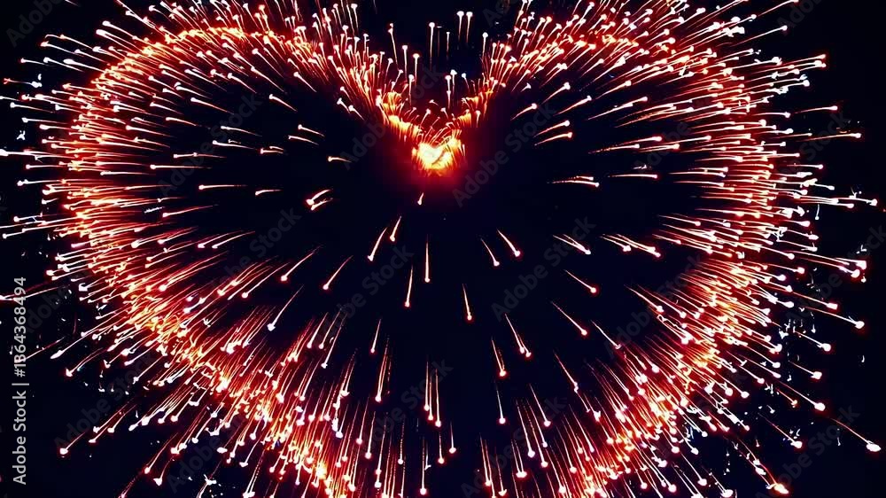 Poster aerial view of heart-shaped fireworks exploding against a dark sky, creating a romantic and vibrant 