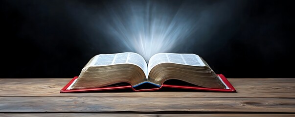 Open bible rays light shining concept, An open book radiates bright light, symbolizing knowledge and enlightenment. It rests on a wooden surface, inviting curiosity and exploration of ideas.