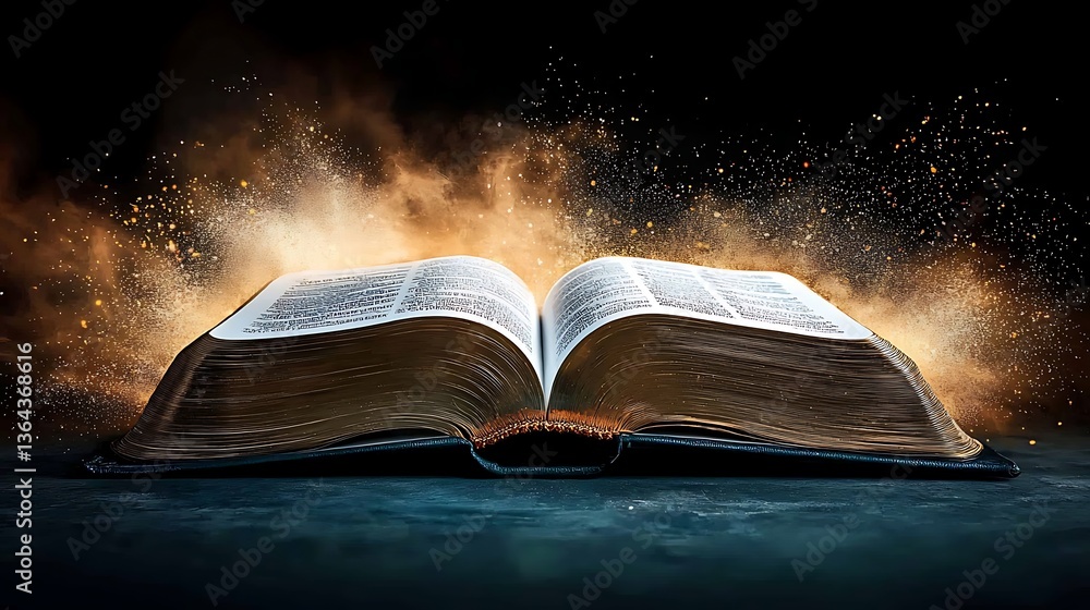Poster open bible rays light shining concept, an open book with illuminated pages captures the essence of k