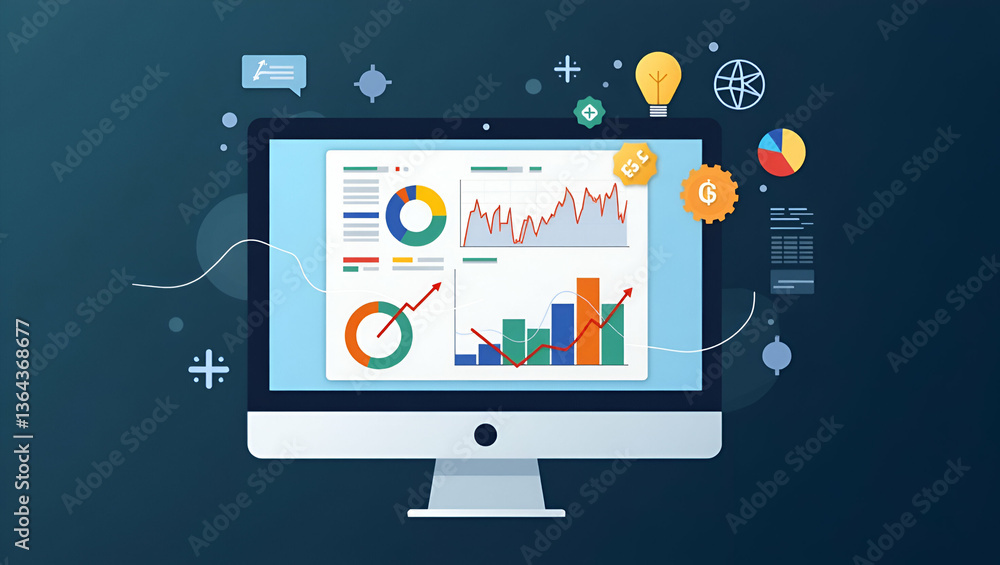 Poster flat vector software for analyzing stock market data and trading decisions