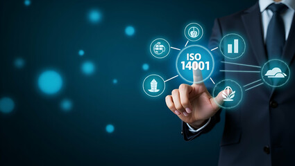 Hand Interacting with Holographic ISO 14001 Certification Interface: Showcasing Environmental Management and Sustainability Icons in a Minimalist Photo Stock Concept