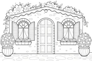 A charming house adorned with flowers and decorative windows. Outline for coloring.