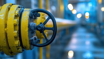 Obraz premium Close-up of Yellow Metal Pipe with Black Wheel Valve in Industrial Setting