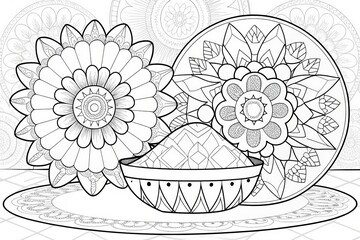 Intricate mandala designs on plates, ideal for coloring or artistic inspiration. Outline for coloring.