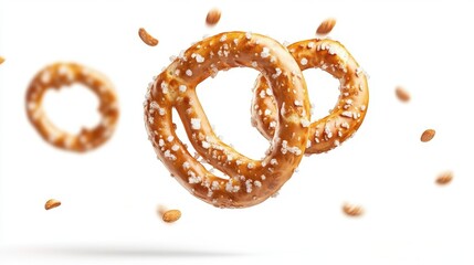 A pair of pretzels with scattered nuts are isolated