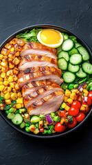 A vibrant bowl of grilled chicken, fresh vegetables, and an egg, showcasing a colorful and healthy meal.