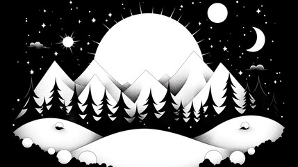 Majestic Snowy Mountains at Night Sun Moon Stars and Winter Landscape Illustration