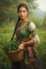 A young woman in traditional attire holds a basket of greenery, surrounded by a lush, vibrant landscape.