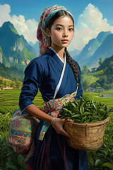 A young woman in traditional attire poses with a basket of tea leaves against a stunning mountainous backdrop.