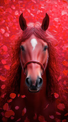 A striking red horse surrounded by vibrant red petals, creating a surreal and captivating visual impact.
