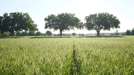 Lush Green Rice Field Under Bright Sunlight with Spacing Trees
