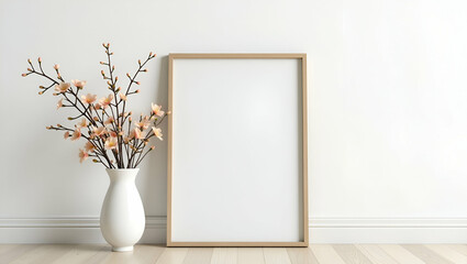 A picture frame on the floor with a flower vase creating a minimalist and elegant home decor arrangement concept as Picture frame placed on the floor alongside a flower vase creating a minimalist and 