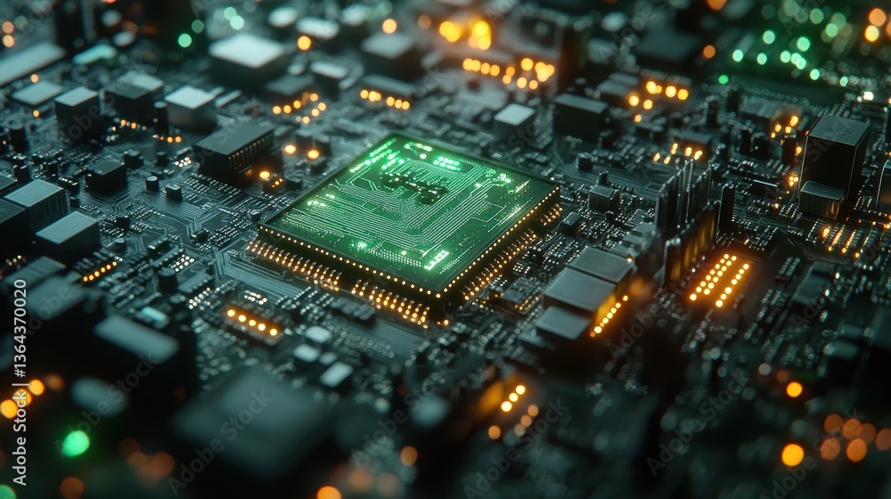 Poster close-up of a complex computer circuit board with a glowing, green processor. ideal for illustrating