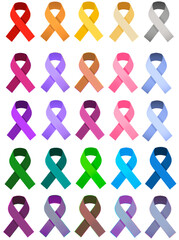 Awareness ribbons set in various colors isolated on white background. Different colors of awareness ribbons sign and symbol vector illustration. Crossed ribbons with simple style in colorful color. 