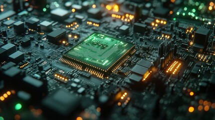 Fototapeta premium Close-up of a complex computer circuit board with a glowing, green processor. Ideal for illustrating technology, artificial intelligence, and computer science.