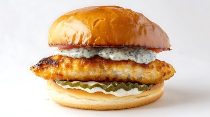 Close up of a fish burger with pickles and creamy sauce on a bun