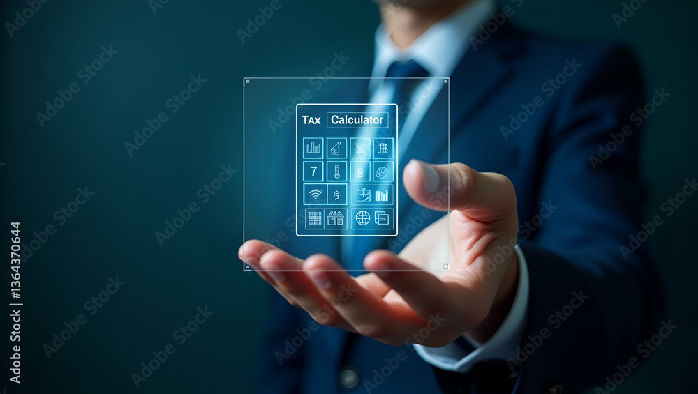Aufkleber hand presenting holographic device showcasing tax calculator tools with empty space background conce