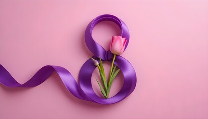 Happy international women's day march eighth tulip ribbon pink background celebration feminine holiday