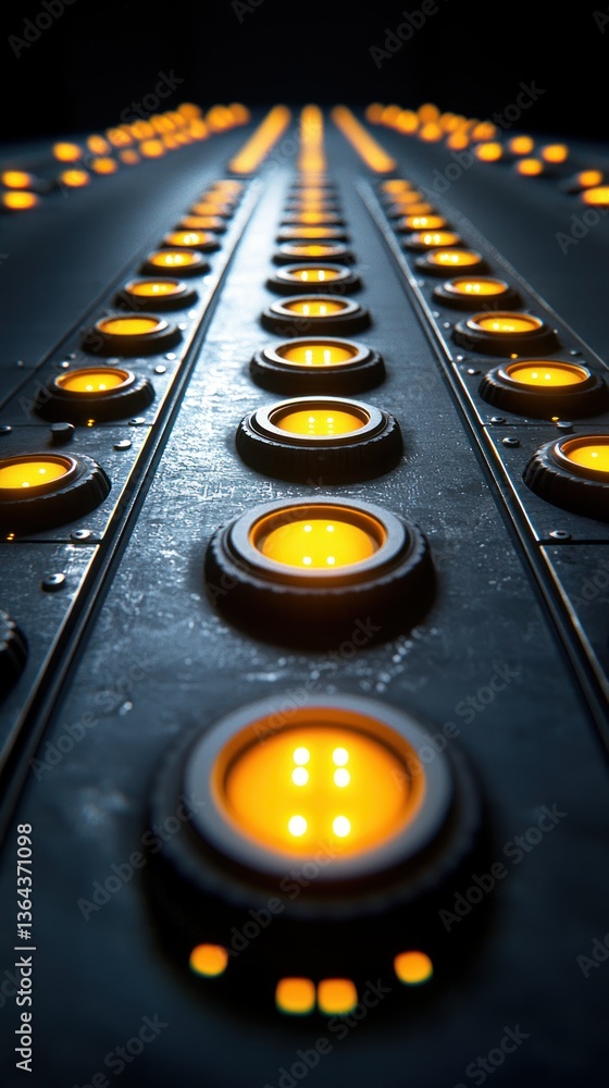 Poster row of orange lights in symmetrical array on dark metal surface. detail shot
