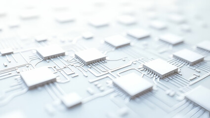 Flat Produce abstract circuit squares angled connectors extensive white background projecting advanced hi tech patterns concept as Circuit squares meet angled connectors in repeated form white backgro