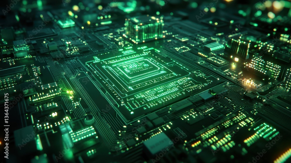 Poster close-up shot of green circuit board with a complex design and shiny components. it is useful for te