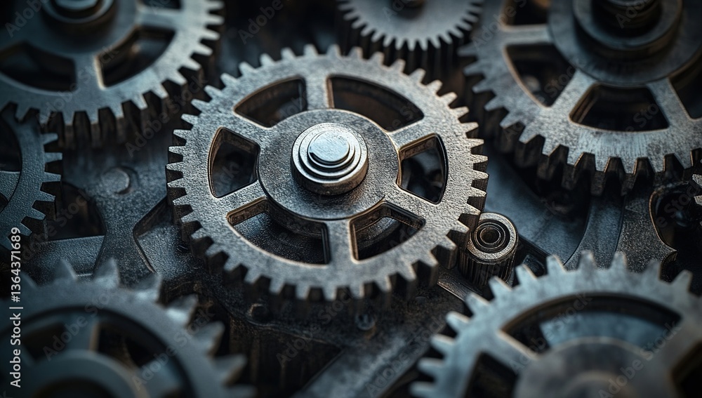 Poster close-up of interlocking metal gears showing intricate detail