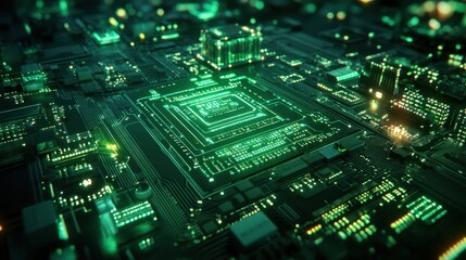 Obraz premium Close-up shot of green circuit board with a complex design and shiny components. It is useful for technology, AI, computing, and innovation related designs.