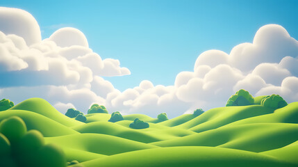 Cartoonish Green Hills Under Fluffy Clouds