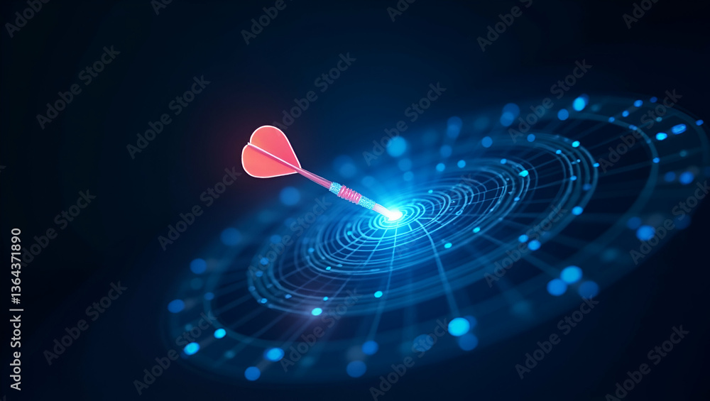 Poster flat smart goal setting: dart hitting center of glowing blue dartboard in low polygon design