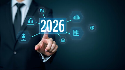 Flat Happy New Year 2026: Businessman Touching Virtual Screen to Set New Goals and Strategies for Future Growth in 2026 - Planning Opportunities for Success in the New Year