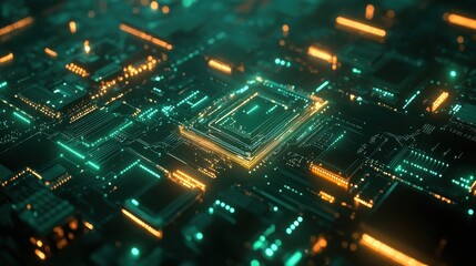 Obraz premium Close-up on green and gold futuristic circuit board with glowing lights. Use for technology, data, and computing system concepts.