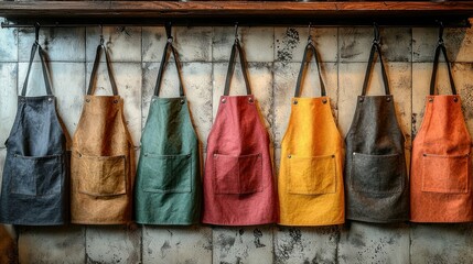 Row of colorful aprons hang against rustic, tiled wall, each with pocket
