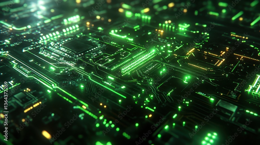 Poster green glowing lines form a detailed computer circuit board pattern. it visualizes technology, data, 