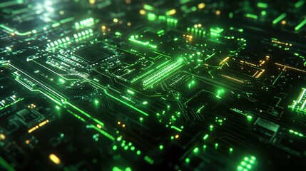 Obraz premium Green glowing lines form a detailed computer circuit board pattern. It visualizes technology, data, or future innovation themes.